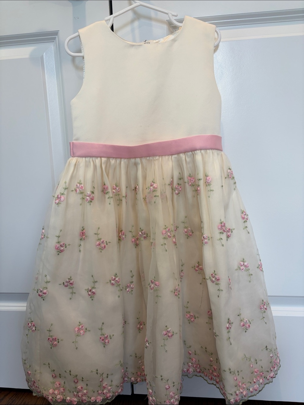 Girls' vintage Ivory Floral Embroidered Dress with Pink Sash